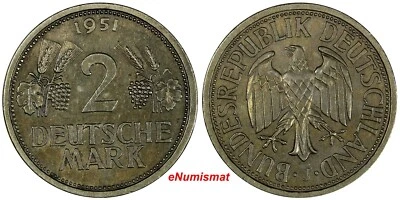Germany - Federal Republic Copper-Nickel 1951 J 2 Mark Toned KM# 111 (17 161) - Image 1 of 3