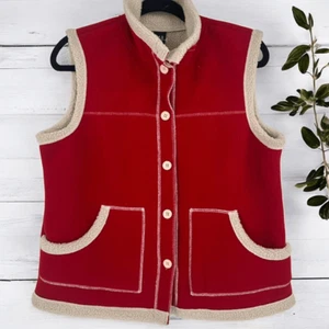 Vintage Y2K Gap Womens Faux Shearling Red Fleece Vest Large Layering Button Down - Picture 1 of 9