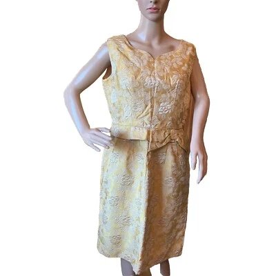 Vintage 60s Renmor Gold Metallic Brocade Floral Cocktail Dress M Bow Puff Roses - Image 1 of 4