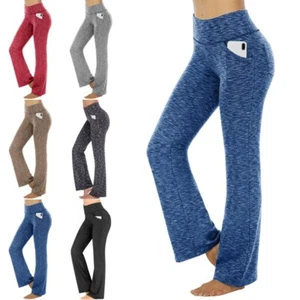 Women Trousers Flare Yoga Pants Ladies Running Full-length High Waist Jeggings - Picture 1 of 23