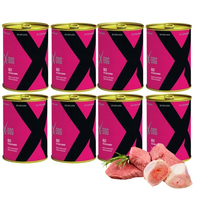 Nassfutter in Dosen 8 x 1200g Hundefutter Rind Knochenmork Getreidefrei X-DOG - Bild 1 von 4