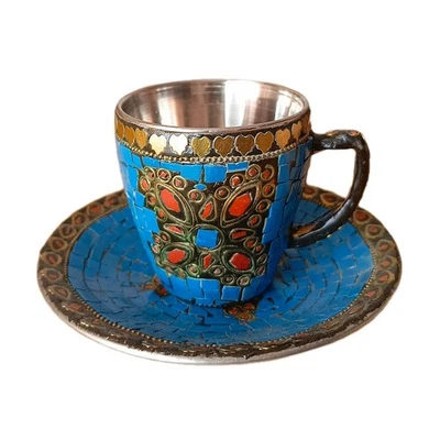 Juego de tazas y platillos de té/café de acero inoxidable con patrón artístico azul artesanía 125 ml Foto 1 de 4