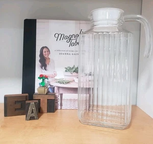 Vintage ARC Gerippt Klarglas KRUG mit Weißem Deckel Wasser Saft Sonne Tee Kanne Frankreich - Bild 1 von 7