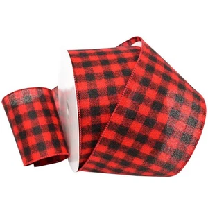Wired Flannel Buffalo Plaid Ribbon, 4 inches by 100 Feet, Red/Black - Picture 1 of 4