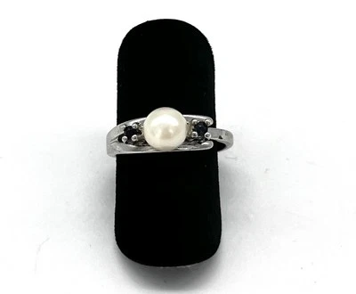 925/- Silber Ring, Perle, Saphire, rund, Muster, Gr. 54, Sterlingsilber - Bild 1 von 3