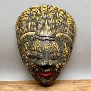 Hand Carved Wood Batik Wall Mask Hand Painted Indonesian - Hangs 8.5" Black Gold - Picture 1 of 10