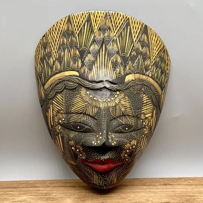 Hand Carved Wood Batik Wall Mask Hand Painted Indonesian - Hangs 8.5" Black Gold - Image 1 of 4