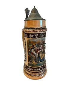 Vintage großer Bierstein mit Deckel & geprägten Details selten - 2 Liter -12" hoch - Bild 1 von 9