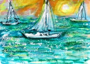 ACEO Original Painting Sunset SAILBOATS Summer Ocean Sea Sun Boats Seascape ART - Afbeelding 1 van 1