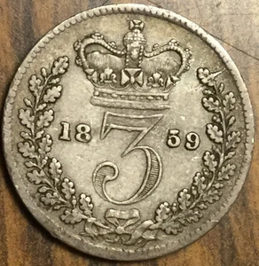 1859 UK GB GREAT BRITAIN SILVER THREEPENCE COIN - Picture 1 of 2