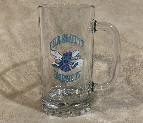 VTG Charlotte Hornets 6 Inch Tall Glass Handle Mug Cup Stein NBA Basketball Cover