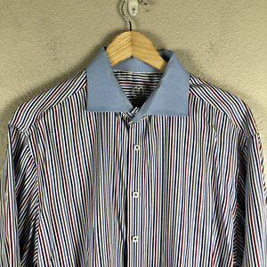 Bugatchi Uomo Dress Shirt Men 18.5/34-35 Blue Striped Winchester Contrast Collar