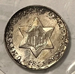 1851 three cent Silver . Brilliant White AU / UNC . - Picture 1 of 12
