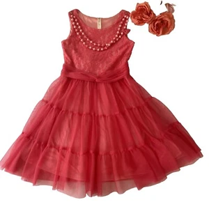 Cherokee Coral Pink Party Dress Floral Lace Layered Tulle Pearl Girls L (10-12) - Picture 1 of 14