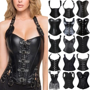 Women Steampunk Overbust Boned Black Corset Burlesque Basque Top Lace-Up Costume - Picture 1 of 38