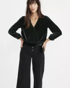 Madewell Damen Langarm V-Ausschnitt Velour Samt Bluse Top Gr. XXS Grün - Bild 1 von 13
