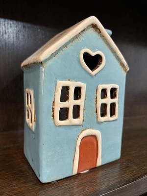 Village Pottery Light Blue Heart House Small New In Box - Image 1 of 3