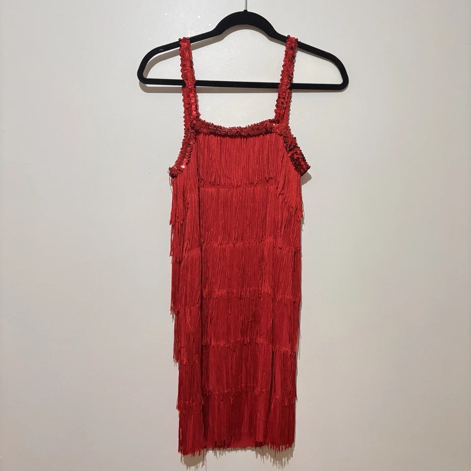 Red Fringe Flapper Costume Dress Small Stretchy Sequins 1920s Halloween Gatsby - Image 1 of 4