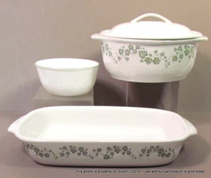 4-PC WHITE GREEN IVY CORELLE STONEWARE 9x13 Pan, 2.5-QT with Lid, Glass Bowl - Picture 1 of 10