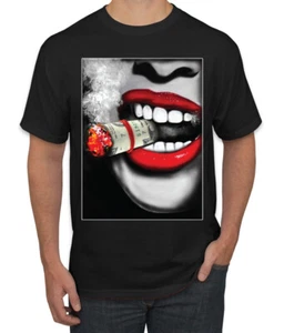 Niña Fumando Cubano Dinero Cigarro Sexy Humo Labios Cultura Pop Hombres Camiseta - Imagen 1 de 25