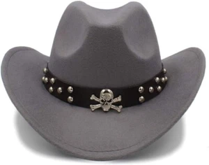 Gray Western Skull Cowboy, Cowgirl Hat, Skull Strap, Men Women Retro Wide Brim - Picture 1 of 5