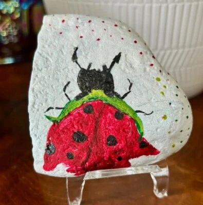 Hand Painted Rock Collectible Kindness Art "Rose Ladybug" outdoor garden decor - Image 1 of 4