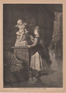 "In der Galerie" Junge Dame vor Engel-Skulptur HOLZSTICH von 1871 Genrebild