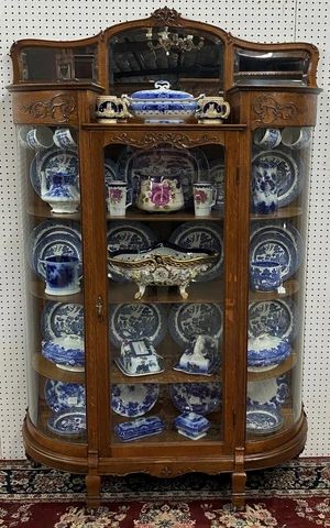 Fantastic Antique American Golden Oak China Cabinet Curved Glass Carved  c1910 Cover