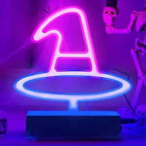 Halloween Witch Hat Neon Sign Lights Decor Double Color Tabletop Lamp Scary Home - Picture 1 of 6
