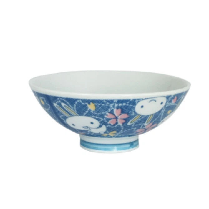 Tigela de sopa de arroz infantil japonesa 4,25"D porcelana coelhos azuis feita no Japão - Imagem 1 de 1