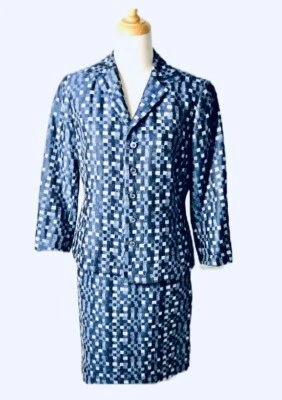 Terno saia vintage feminino Gianni xadrez azul carreira 2 peças jaqueta saia tamanho 4-6 EUA - Imagem 1 de 4