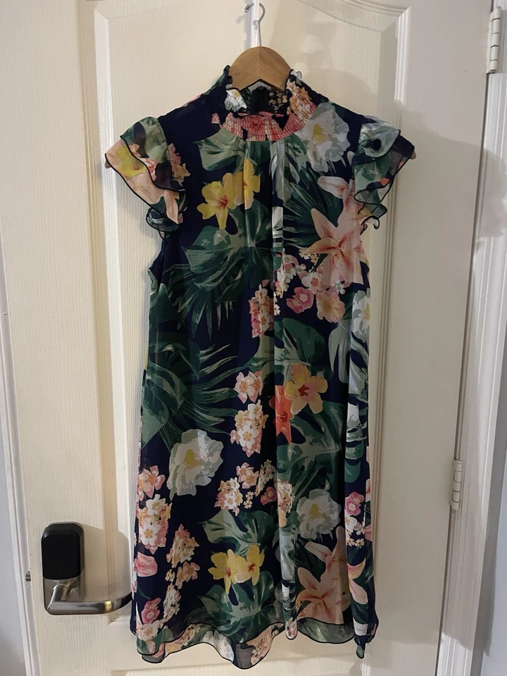 Women’s Eliza J Floral Ruffle Midi Dress Sz 4 Navy Blue - Image 1 of 4