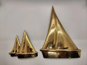 Vintage Mid Century Set of Two Wall Hanging Brass Metal Nautical Sail Boats - Picture 1 of 13