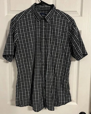 Basic Editions Classic Fit Men’s Large Plaid Button Up Black & Blue Short Sleeve - Image 1 of 4