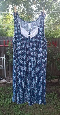 Adonna Sleepwear Nightgown Large Blue Seashells Sleeveless White Eyelet Lace - Image 1 of 4