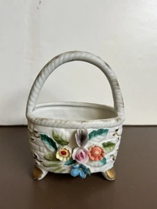 Vintage Bisque Porcelain footed painted Basket delicate raised Flower Design - Picture 1 of 8