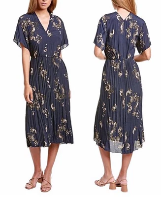 VINCE Painted Blooms Floral Tie Waist Crinkle-Textured  Midi Dress Navy S $445 - Image 1 of 4