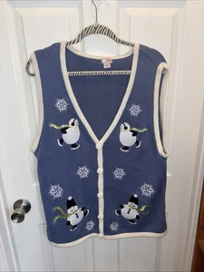 Snowman Christmas Vest Ladies Sz XL Blue/white Penquins by Holiday Editions - Picture 1 of 4