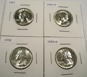 1958 1959-D 1961 1962-D FOUR BU WASHINGTON QUARTERS 0.723 oz SILVER 25c - Picture 1 of 6