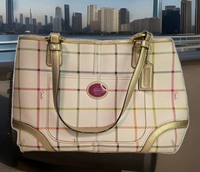 Coach Y2K Peyton Tattersall Tote Hand Bag, F19176 Plaid Gold Tone Logo Tag EUC - Image 1 of 4