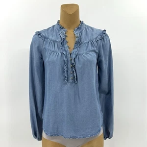 Camisa Top Maeve XS Azul Denim Jean Cambray Volantes Botón Manga Larga Para Mujer - Imagen 1 de 12