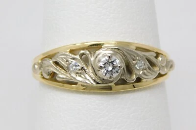 18 kt Yellow & White Gold Openwork Diamond Floral Ring Sz 7+ B6046 - Image 1 of 4