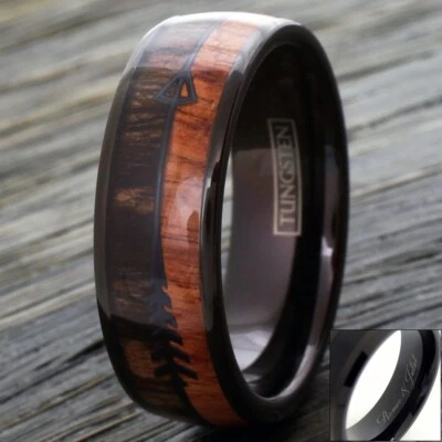 6/8mm Black Tungsten Wood & Arrow Wedding Band Ring-Engraving Avail. - Image 1 of 4