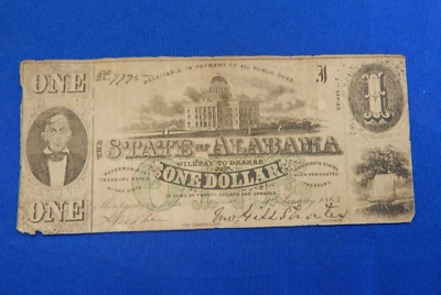 1863 $1 The State Of Alabama Montgomery One Dollar Obsolete Note (9) - Image 1 of 2