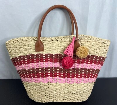 Новый с Ярлыками BARNEYS NEW YORK Raffia корзина сумка розовый/слоновой кости кожи отделка ручки - Изображение 1 из 4