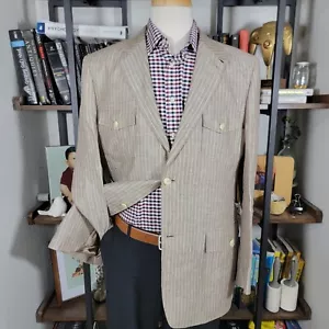 Perry Ellis Men's Sport Coat Blazer Two Button Brown Striped 100% Linen Size 42R - Picture 1 of 15