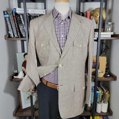 Perry Ellis Men's Sport Coat Blazer Two Button Brown Striped 100% Linen Size 42R - Image 1 of 4