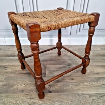 Retro Vintage Solid Wooden Turned Rush Rope Top Foot Stool Rest Seat - Image 1 of 4