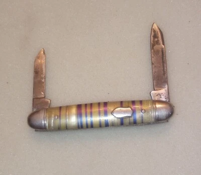 Cuchillo bolígrafo vintage de 2 hojas HAMMER BRAND EE. UU. de los años 40 - cubierta azul/dorada con escudo Foto 1 de 4