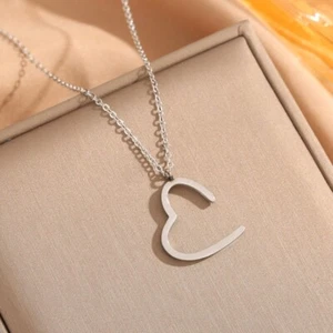 Silver Titanium Sweet Love Half Heart Pendant Chain Necklace - Picture 1 of 2